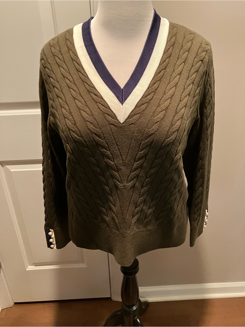 Talbots V-Neck Cable Knit Sweater in Olive with Contrast Trim